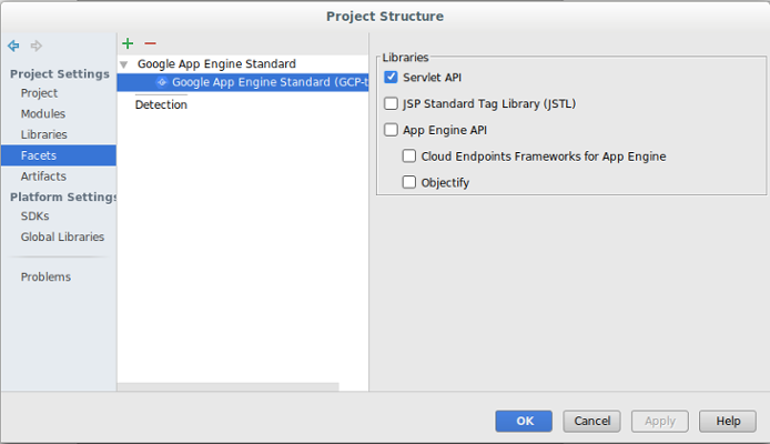 Cuadro de diálogo en el que se muestra un panel de navegación izquierdo con la configuración del proyecto (proyecto, módulo, bibliotecas, facetas, artefactos). También se muestra la configuración de la plataforma. La opción Facetas está seleccionada, y en la columna del centro se muestran las facetas asociadas al proyecto. En la columna de la derecha, se muestran las bibliotecas disponibles para el proyecto y se indica cuáles se seleccionaron.