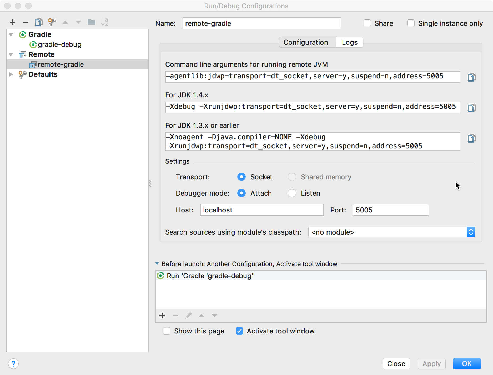 Screenshot che mostra la finestra di dialogo
Configurazioni di debug.