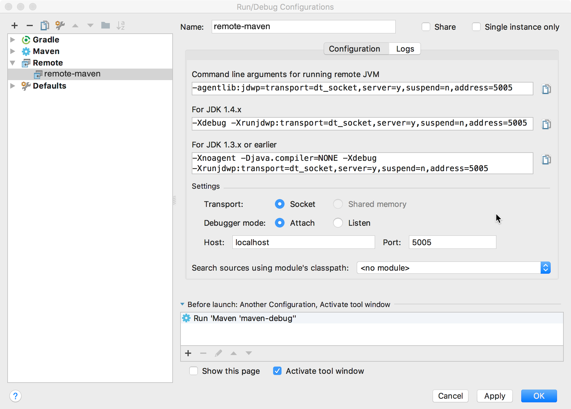 Screenshot yang menampilkan dialog Run/Debug Configurations.