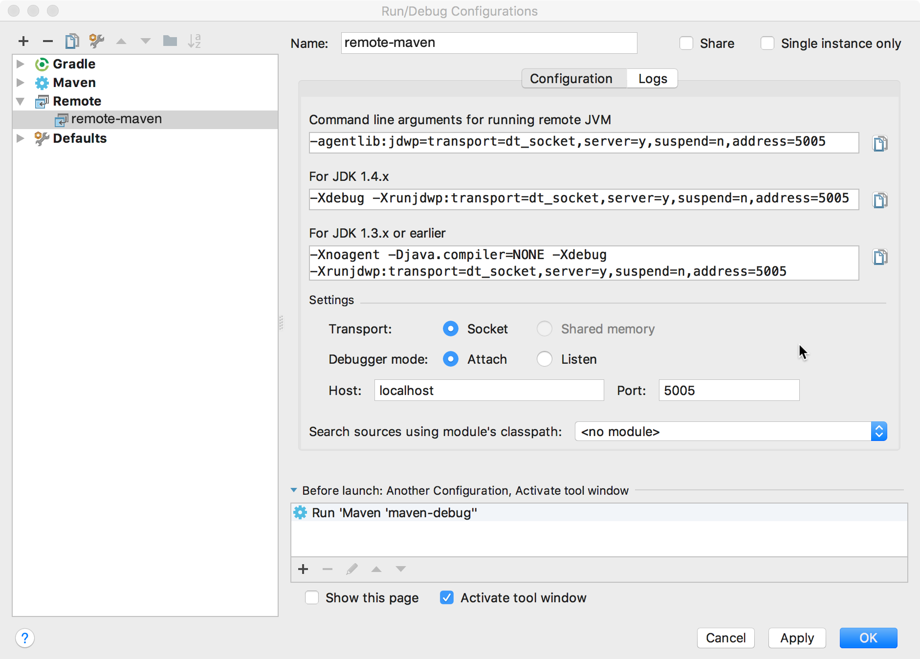 Capture d'écran montrant la boîte de dialogue "Run/Debug Configurations" (Configurations d'exécution/de débogage).