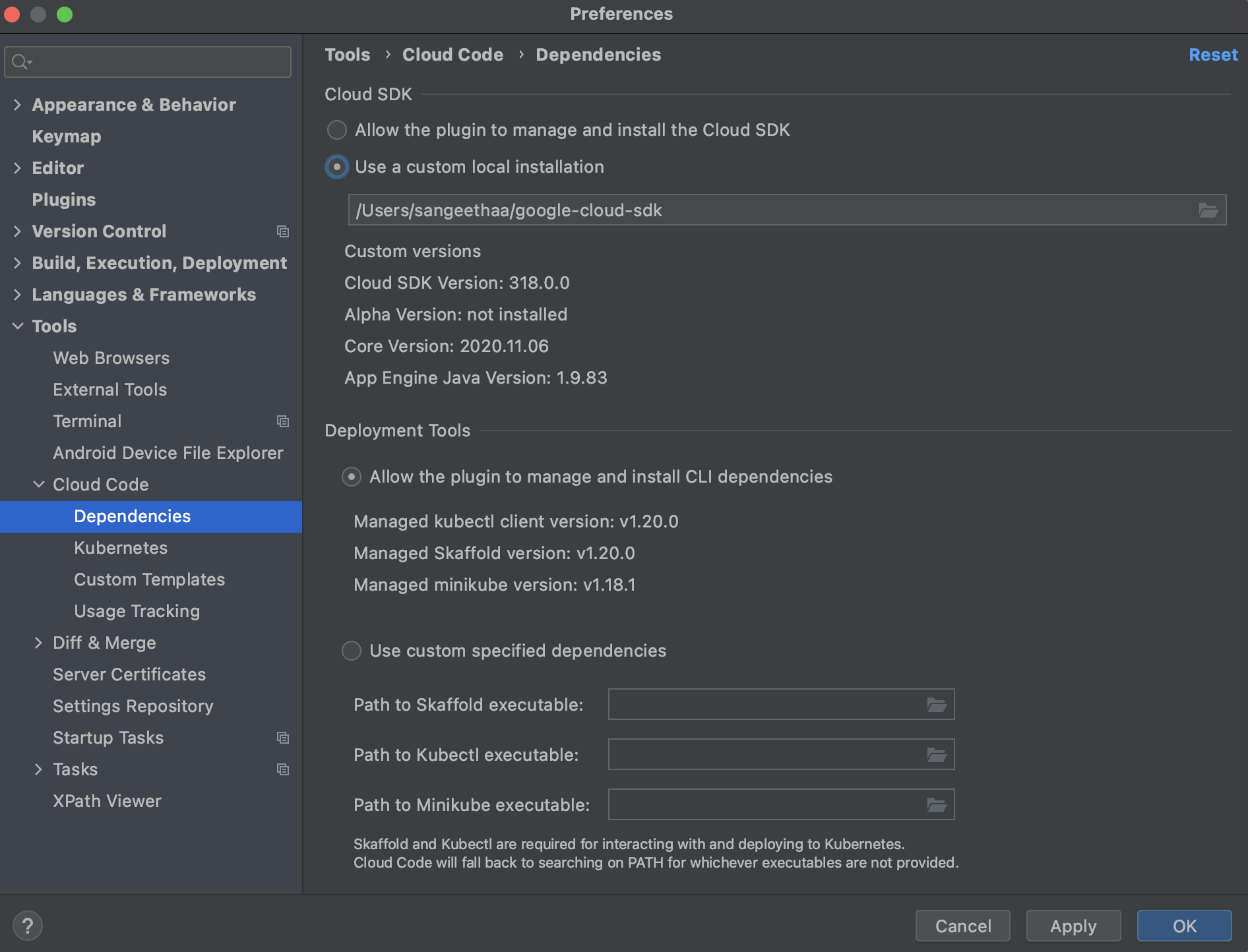 The Setting dialog with Cloud Code and its
underlying section, Dependencies, selected. The main area shows radio
buttons to allow the plugin to manage the gcloud CLI or to use a custom
installation. The dialog also shows a field for
browsing to a custom installation with a Browse folder icon.