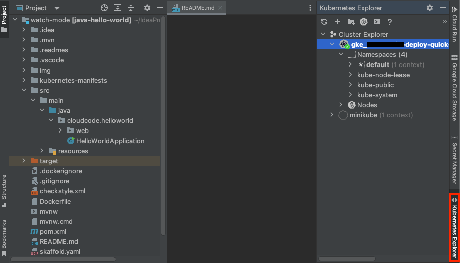 Panel Kubernetes Explorer terbuka menggunakan tab di taskbar sebelah kanan