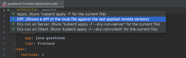 Option „Diff“ in der kubectl-Aktionsliste hervorgehoben