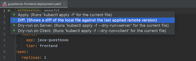 kubectl 動作清單中醒目顯示的 Diff 選項