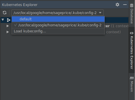 Expande el menú desplegable de kubeconfig en el navegador de recursos de Kubernetes para mostrar kubeconfigs disponibles. Proporciona las opciones para seleccionar un kubeconfig o agregar un kubeconfig nuevo.