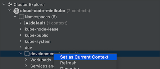 Menetapkan namespace sebagai konteks saat ini menggunakan menu klik kanan