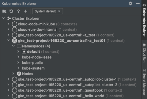 Panel de Kubernetes Explorer abierto mediante la pestaña que se encuentra en la barra de tareas del lado derecho