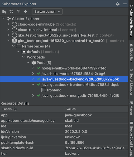 在 Kubernetes Explorer 下半部的「資源詳細資料」面板中查看資源中繼資料