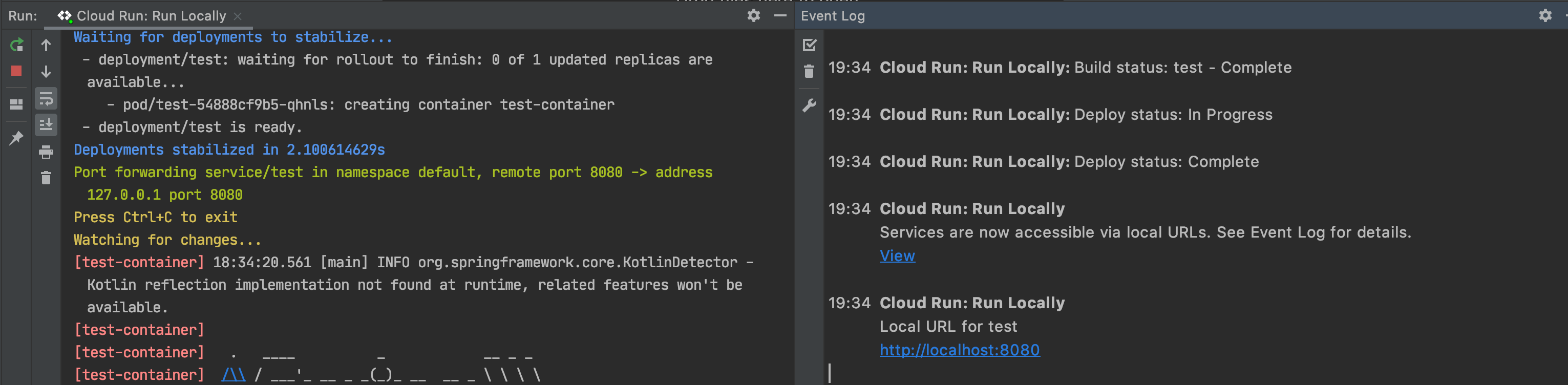 Registro de eventos con la notificación de que el despliegue se ha realizado correctamente y la URL para previsualizar el servicio