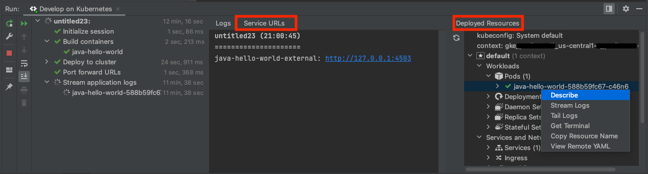 [サービス URL] タブでポート転送サービスを表示する