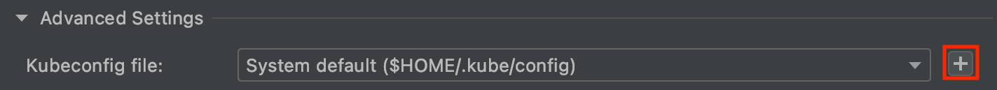Edita la configuración de kubeconfig en Run Configurations (Configuración de ejecución). Proporciona un menú desplegable a fin de seleccionar un kubeconfig que ya se agregó y un botón para agregar un kubeconfig nuevo.