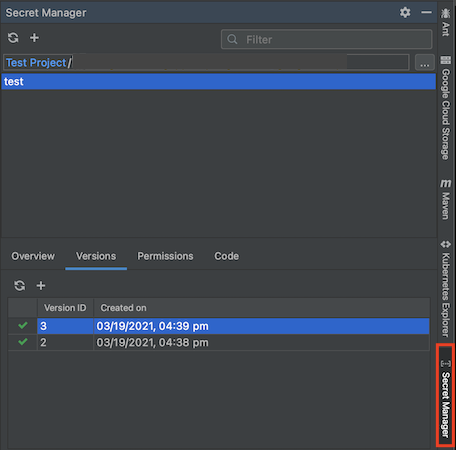 右側邊欄中醒目顯示 Cloud Code 的 Secret Manager，且 Secret Manager 面板已開啟，列出三個密鑰，底部窗格中列出密鑰「test」的版本詳細資料