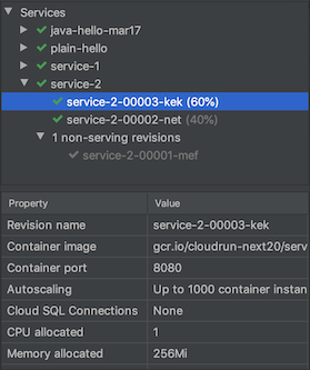 Cloud Run explorer with active and inactive revisions visible under a service