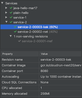 Explorateur Cloud Run avec révisions actives et inactives visibles sous un service