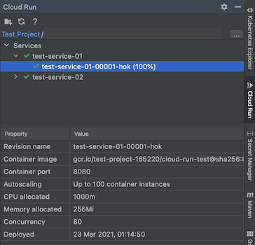 Esploratore Cloud Run aperto con un servizio selezionato e le relative proprietà visualizzate di seguito