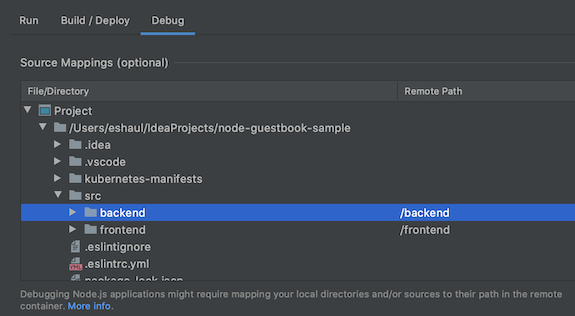 Scegliere una posizione di origine nella sezione di mappatura delle origini della scheda Debug