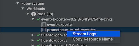 Streaming logs from a container using its right-click menu to output logs into the Kubernetes Explorer Console