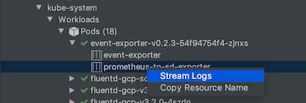 Menstreaming log dari penampung menggunakan menu klik kanan untuk menampilkan log ke Konsol Kubernetes Explorer