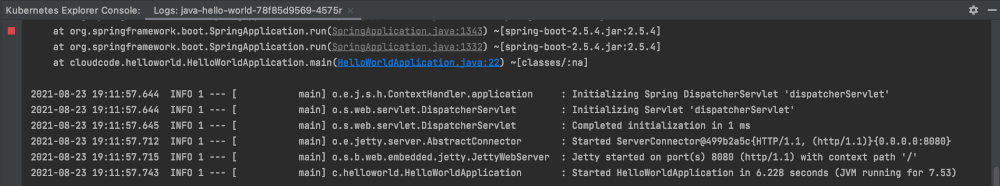 Menstreaming log dari pod menggunakan menu klik kanan untuk menampilkan log ke Konsol Kubernetes Explorer