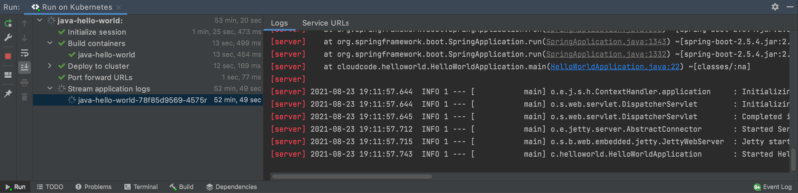 Viewing streamed logs from the Hello World Java application