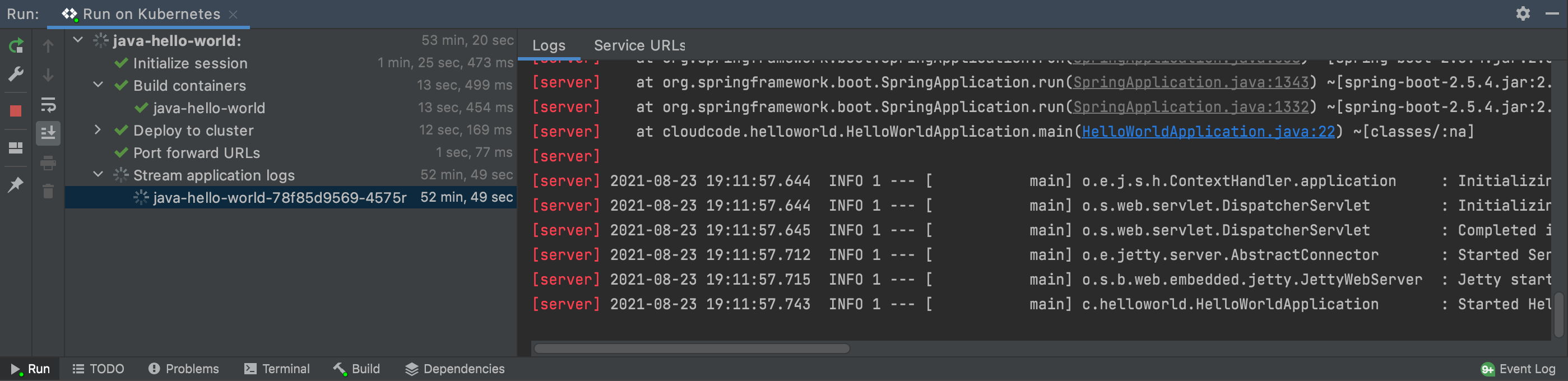 查看 Hello World Java 應用程式的串流記錄