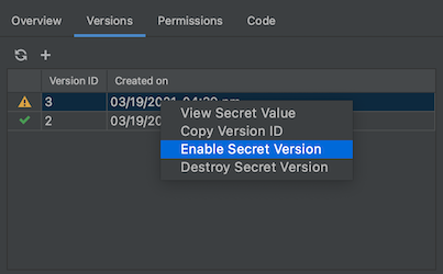 Version tab selected for the secret 'test' and two available versions, '2' and '3' are tabulated along with their creation time. '3' is right-clicked and 'Enable Secret Version' is selected