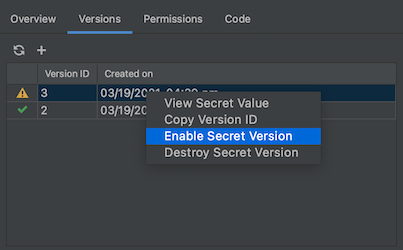 L'onglet "Version" sélectionné pour le secret "test" et les deux versions disponibles, "2" et "3" sont tabulés avec leur date de création Un clic droit sur "3" est effectué et "Enable Secret Version" (Activer la version du secret) est sélectionné