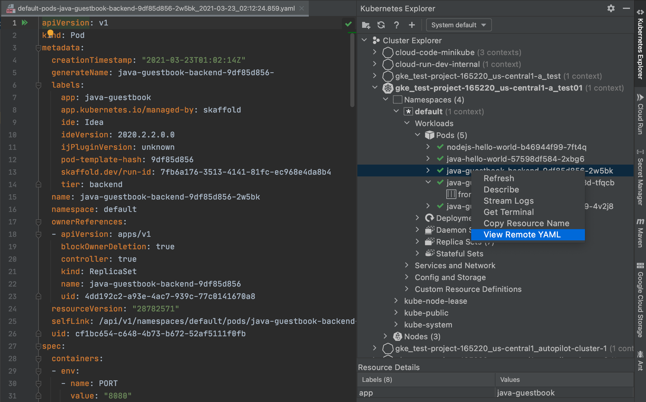 在 Kubernetes 探索器中，對 Pod 的標籤按一下滑鼠右鍵，然後選擇「View Remote YAML」(查看遠端 YAML)，即可查看 Pod 的 YAML