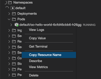Copiare il nome della risorsa utilizzando il menu di scelta rapida