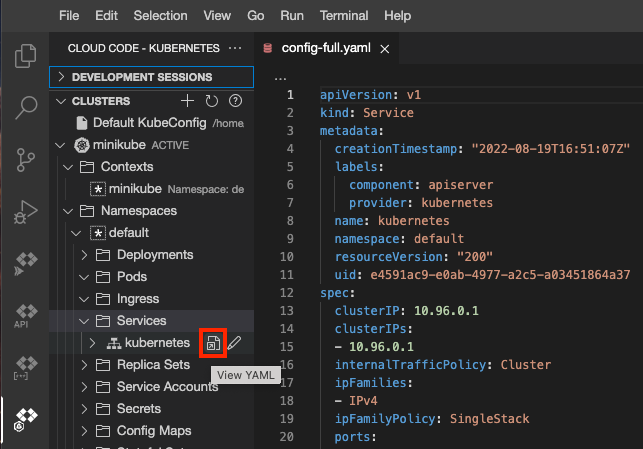 YAML de serviço do Kubernetes aberto usando o ícone &quot;Ver YAML&quot;