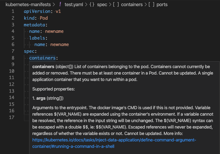 Saisie avec contexte pour le schéma Kubernetes