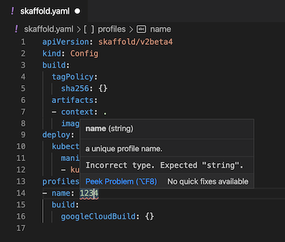 Value of name field red-underlined to highlight an invalid value of 1234; hover text states: Incorrect type. Expected string.