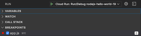 Breakpoints section in the left hand panel of Debug View that allows adding, removing, and disabling breakpoints