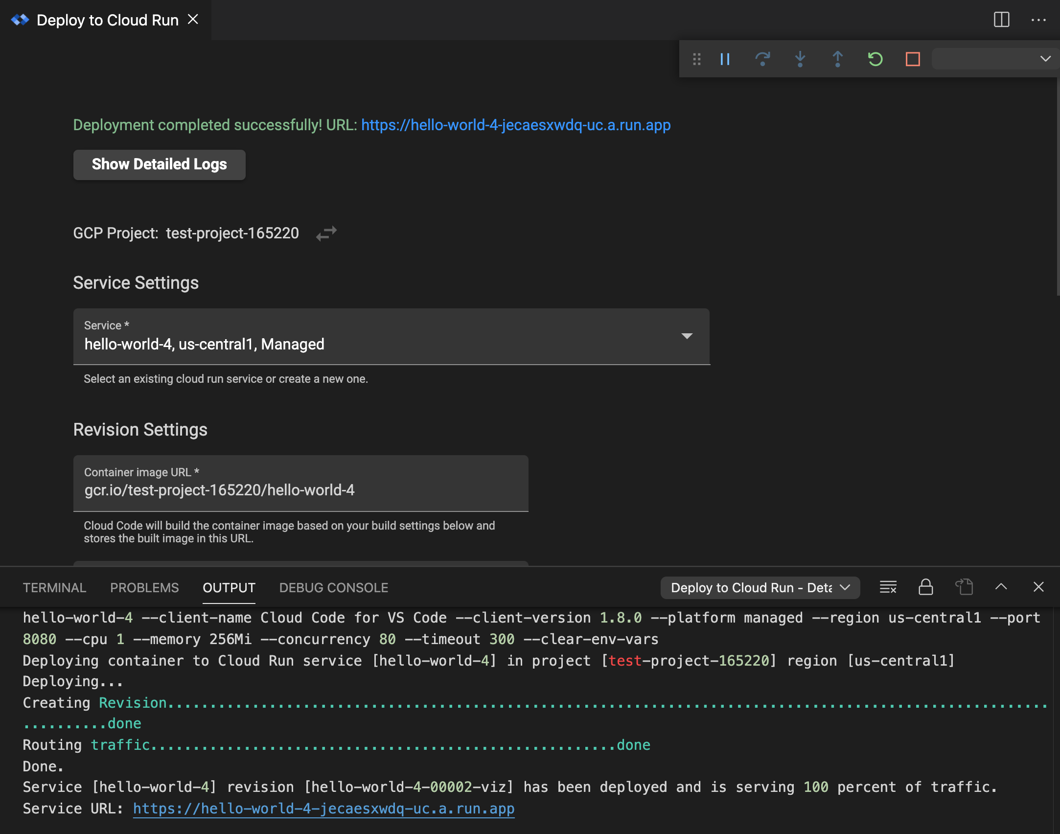 URL del servizio in esecuzione visualizzato nell&#39;interfaccia utente di Esegui il deployment in Cloud Run e il pulsante Mostra log dettagliati sotto