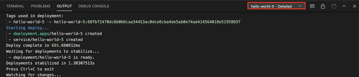 Output pane with hello-world-5 - Detailed selected from output channel dropdown
