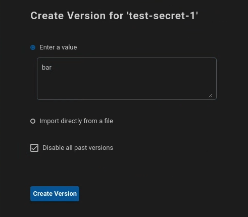 Secret 値フィールドで Secret「test-secret」が「bar」に更新されている [Secret バージョンの作成] ダイアログ