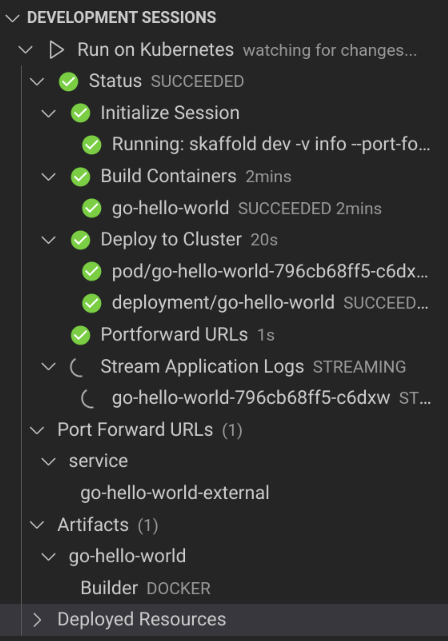 Development sessions pane