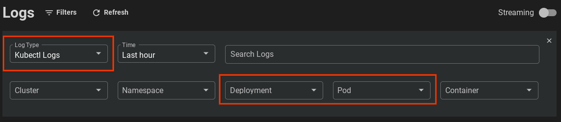 Viewing logs for a non-Cloud Logging cluster by setting the deployment
field within the Log Viewer search box to 'node-hello-world'