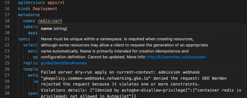 La validación de la ejecución de prueba del servidor falla en &quot;hello.deployment.yaml&quot; y se muestra un mensaje de error como un aviso. Los detalles del error se encuentran en el canal de salida. El espacio de nombres &quot;random-namespace&quot; no existe.