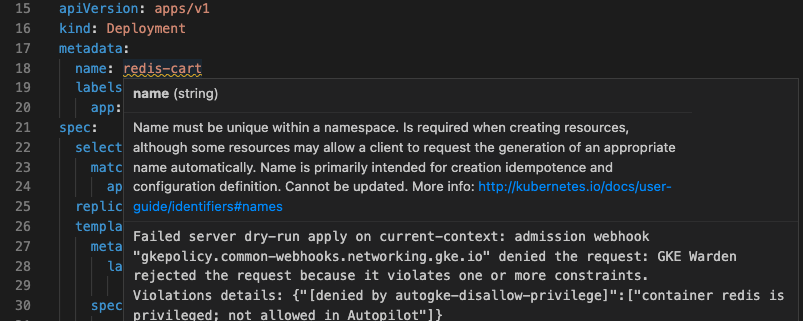 Server-side dry-run validation fails on `hello.deployment.yaml` with an error message displayed as a toast. The details of the error are found in the Output channel; the namespace 'random-namespace' doesn't exist