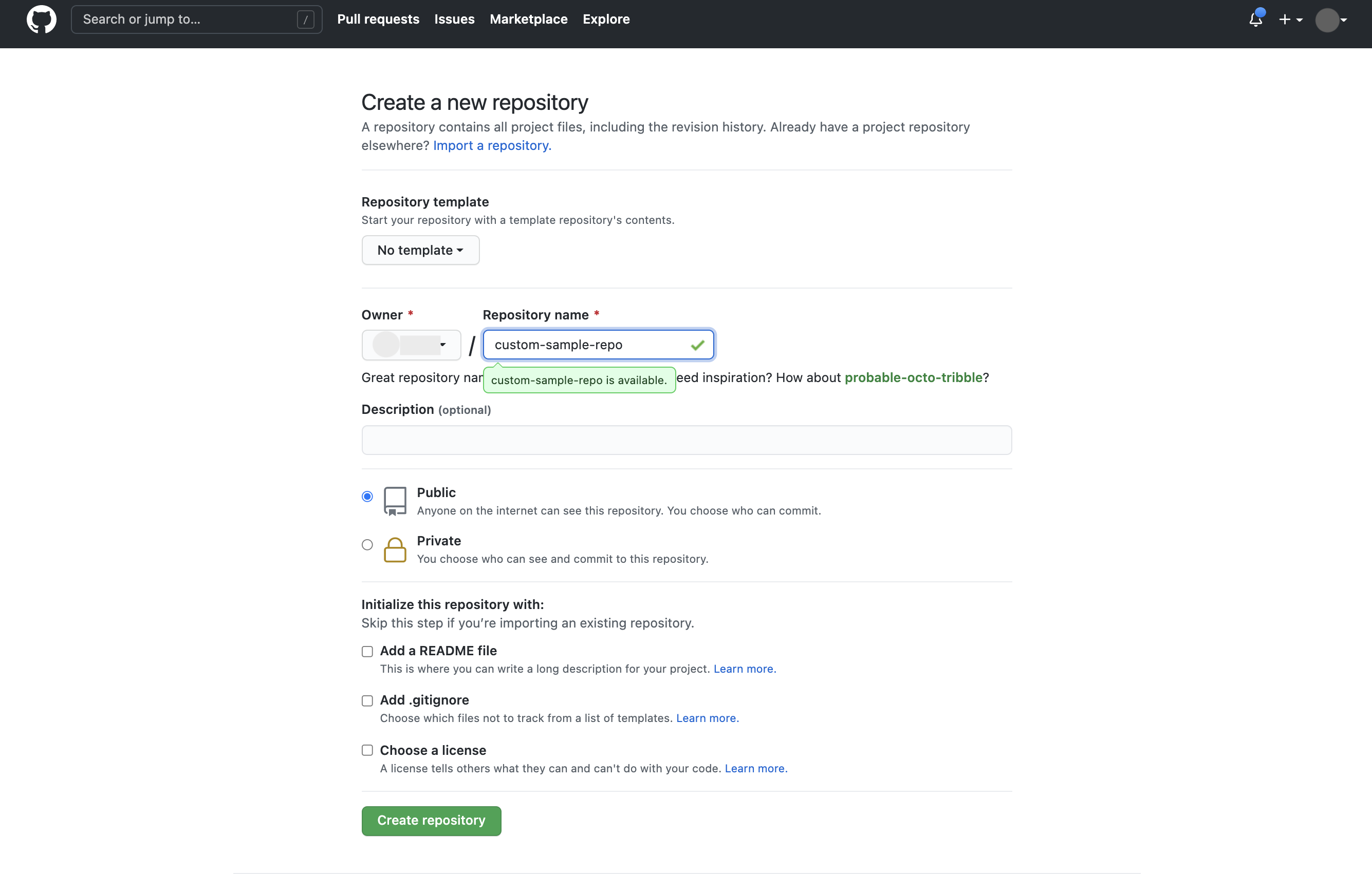 Interfaccia di creazione del repository GitHub con il campo del nome del repository compilato con &quot;custom-sample-repo&quot;