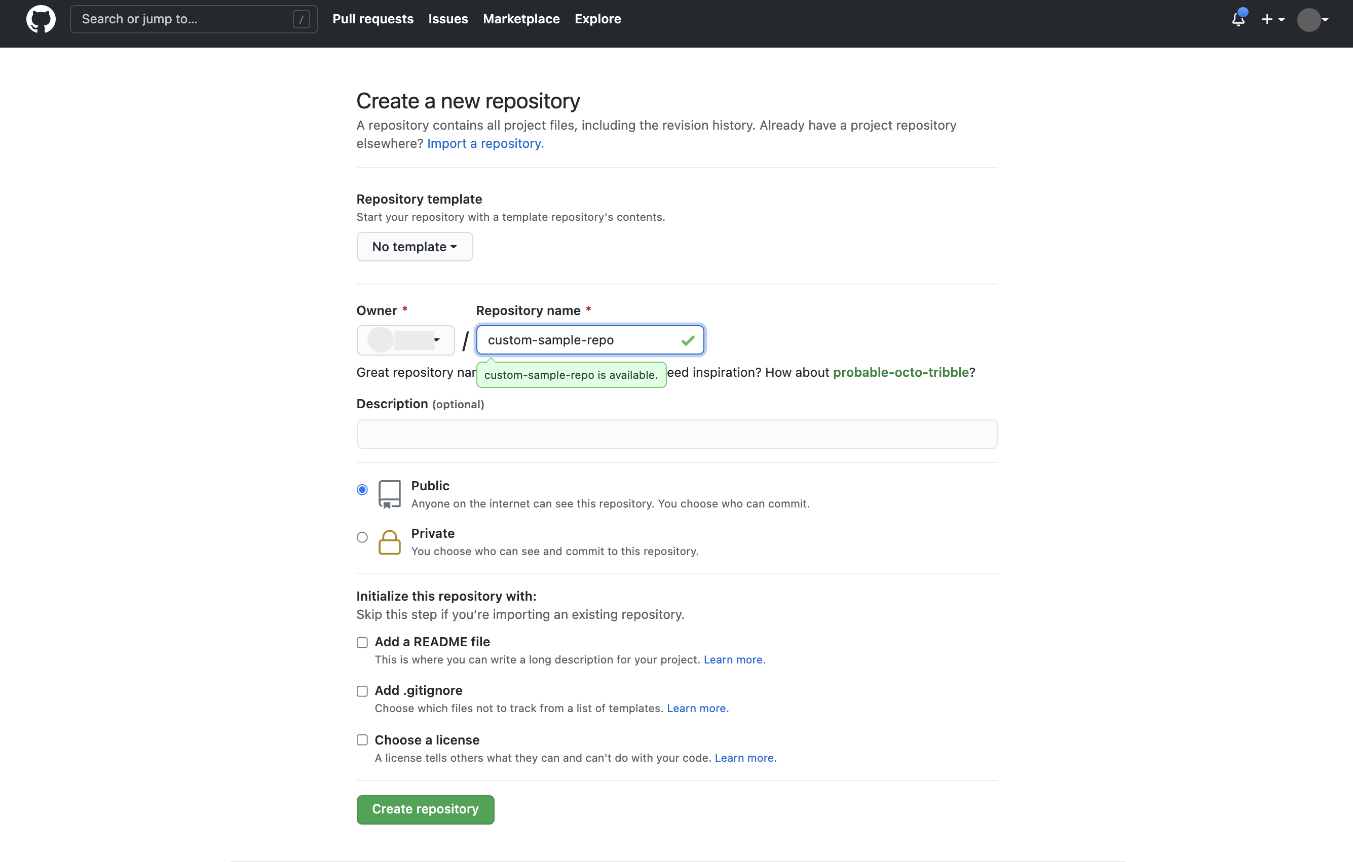 'custom-sample-repo'로 채워진 저장소 이름 필드가 있는 GitHub 저장소 생성 인터페이스