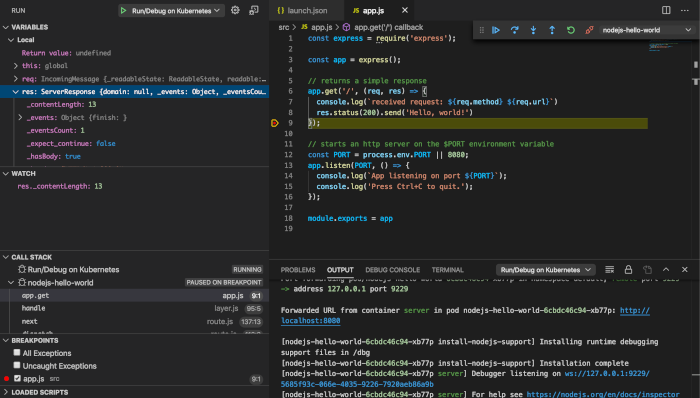 Debugging session showing app paused at breakpoint and variable values in scope