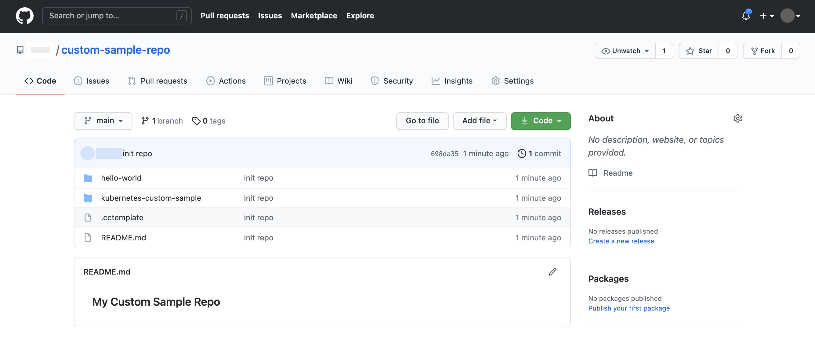 'custom-sample-repo' dengan dua direktori sampel pokok, 'hello-world' dan 'kubernetes-custom-sample'