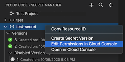 Secret Manager パネルで Secret を右クリックします。