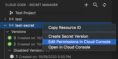 Secret Manager 패널에서 마우스 오른쪽 버튼으로 클릭한 보안 비밀