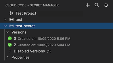 2 つの Secret が一覧表示されている Cloud Code の Secret Manager