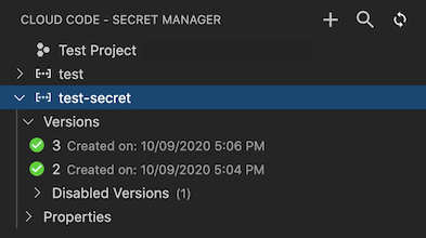 Secret Manager en Cloud Code abierto con dos secretos enumerados