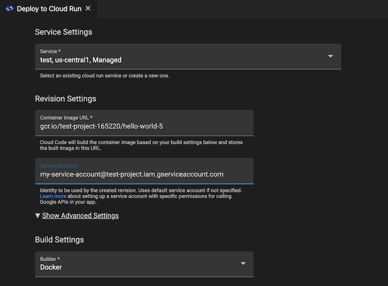 Advanced revision settings section expanded in Cloud Run: Deploy and Service Account field filled in with service account name of the format service-account-name@project-name.iam.gserviceaccount.com