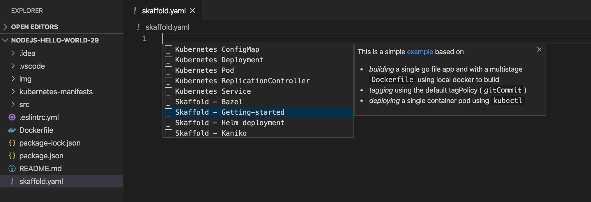 Creare la configurazione di Skaffold manualmente intellisense